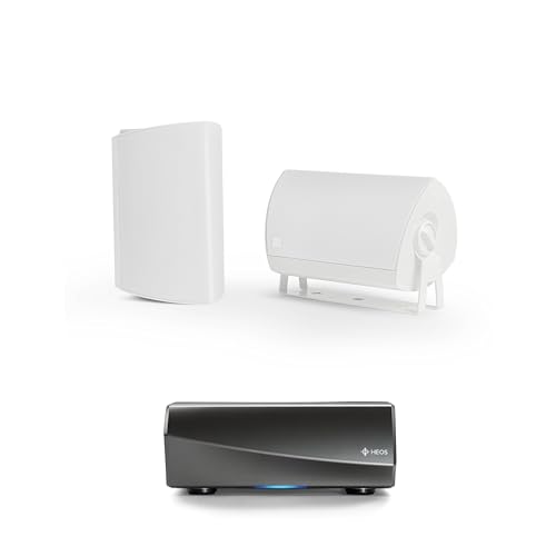 Definitive Technology AW-550 All-Weather Outdoor Speakers (White, Pair) with 5.25” Woofer, 1” Tweeter & Passive Bass Radiator + Denon HEOS Hi-Res Wireless Streaming Amplifier for High-Fidelity Sound