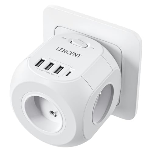 LENCENT Multiprise Murale Cube Interrupteur 4 Prises & 1 Type C & 3 USB Prise Chargeur 8 en 1, Adaptateur Secteur 4000W, Convient pour la Maison, Bureau,...