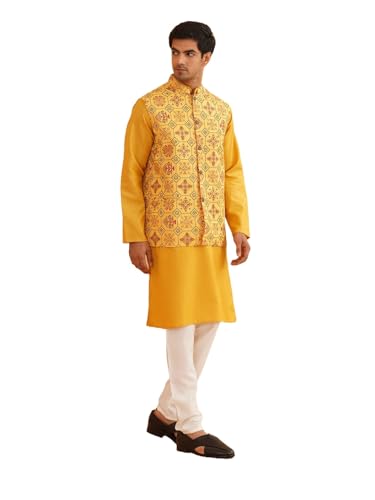 Image of SOJANYA (Since 1958 Men's Cotton Blend Kurta & White Churidar Pyjama with Nehrujacket