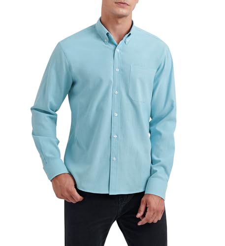 HISDERN Camisa de Hombre Manga Larga Oxford Casual Informal Camisas de algodón con Bolsillo Regular Fit Azul Cielo XL