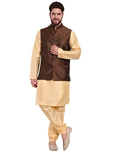 SKAVIJ Mens Embellished Ethnic Wear Nehru Jacket Floral Printed Formal Waistcoat Regular Fit (Large,Brown)