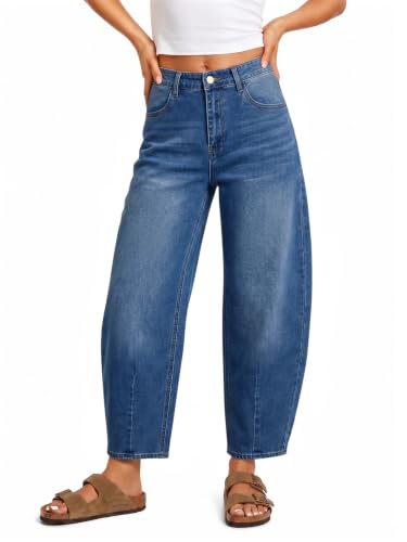 Image of Saodimallsu Womens Barrel Jeans Cropped High Waisted Baggy Wide Straight Leg Boyfriend Denim Pants for Casual Wear