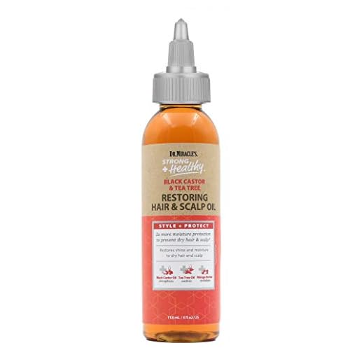 Dr. Miracle's Strong & Healthy Restoring Hair & Scalp Oil. Contains Black Castor Oil, Tea Tree Oil and Mango Butter providing 2x more moisture to prevent dry hair and scalp 4oz
