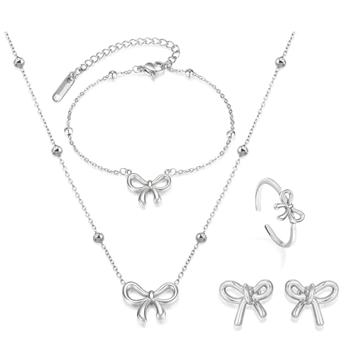 Frodete Silver Bow Jewelry Set Bow Necklace Earrings Bracelet Sets for Women Bowknot Ribbon Pendant Necklace Wedding Party Jewelry Gifts