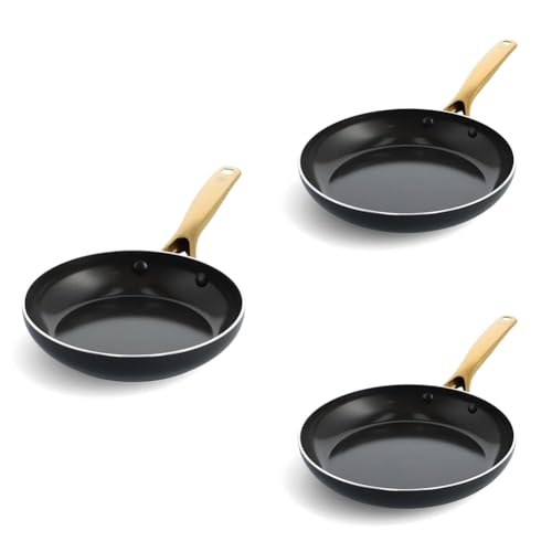 Blue Diamond Gold Set de Sartenes Antiadherente de Cerámica con Infusión de Diamante de 24 cm, 26 cm y 28 cm, Sin PFAS, Apta para Inducción, Apta para Lavavajillas, Apta para Horno, Mango Dorado,Negro