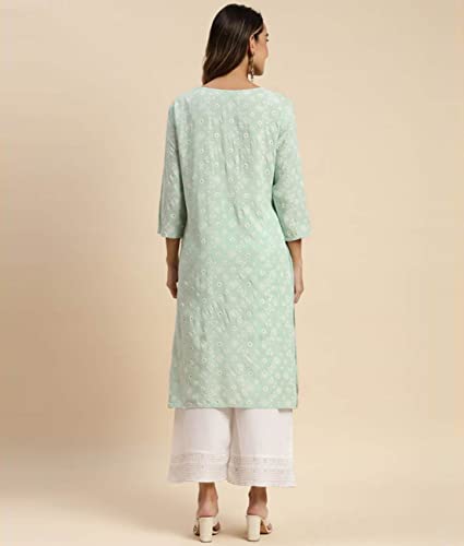 Image of rangita Mint Green Rayon Calf Length Printed Straight Kurti for Women | Kurta for Women