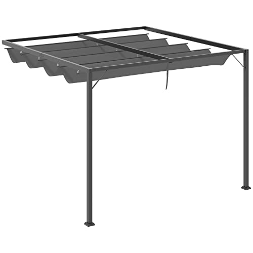 Outsunny 3 x 3(m) Outdoor Lean To Pergola Retractable Canopy Wall Mounted Gazebo Patio Shelter Sun Shade, Grey