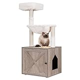 Hey-brother Cat Tree with Litter Box Enclosure, All-in-one Cat Tower for Indoor Cats with Large Hammock, Bed, Food Station, Scratching Posts, Modern Style Pet Furniture, Rustic Gray MPJ100SG