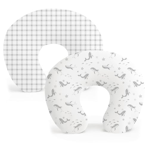 Image of Konssy 2 Pack Nursing Pillow Covers, Stretchy and Soft Nursing Cover for Breastfeeding Pillows, Pillow Slipcover for Baby Girls Boys Newborn (Starry Whales,Cozy Grid)