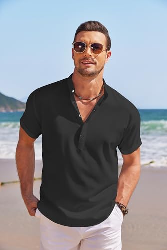 COOFANDY Men's Linen Henley Shirt Short Sleeve Casual Summer Beach Hippie T Shirts3