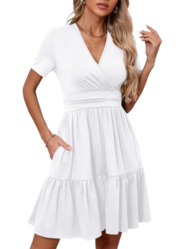 Image of Women's Casual Summer Dress V Neck Short Sleeve Flowy Stretchy Comfort Fit for Daily Wear Work Midi Dresses