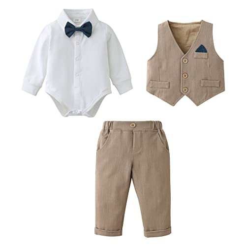 Bébé Garçon Gentleman Vêtements Ensemble, Enfant Mariage Baptême Tenue Fete Costume Ceremonie Chemises Haut Chemise Gilet Pantalon Nœud Papillon 3-24 Mois (Kaki, 6-9 mois) Cover