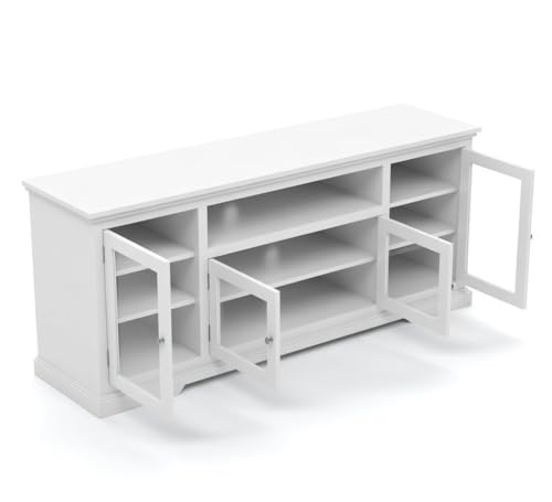 Image of Sheesham Solid Wood TV Cabinet for Living Room | Handcrafted Wooden TV Unit with Storage | Elegant Entertainment Stand for Modern Homes (Glass Tv Cabinet, White)