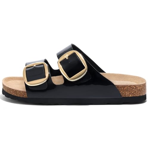 Image of KIDMI Women's Cork Footbed Slide Sandals Comfortable Arch Support Outdoor Sandal with Big Adjustable Buckle for Summer