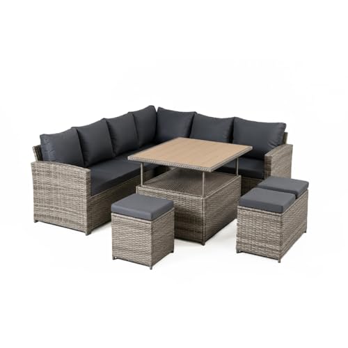 CONCEPT USINE | Grand Salon de Jardin Modulable Sahara 9 Places en Résine Tressée | Table Relevable Effet Bois | Mobilier Jardin Terrasse Piscine | Résistance Soleil & Intempéries | Design Convivial
