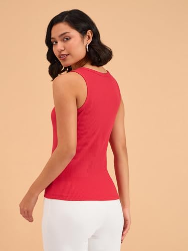 Image of barcino Beige Ribbed Round Neck Tank Top