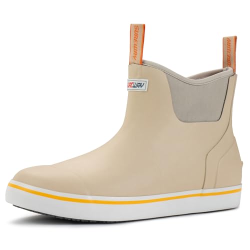 SUREWAY Men's Ankle Fishing Deck Boots for Men-Waterproof,Professional Non-Slip Soles for Wet Slippery Surface,Neoprene Rubber Rain Boot/Shoes for Hunting Boating Gardening,Light Beige,Size 12