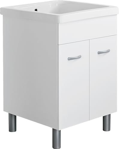 Jo-Bagno.it Mobile LAVATOIO Ceramica 60 x 60 x H 88 ATHENA Design Bianco Incluso di PILETTA in Acciaio E SIFONE Pilozza Profonda 33 cm con strizzatoio (No Foro Rubinetto)