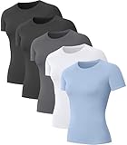 5er-Pack Kompressions-Shirts für Damen, kurzärmelig, Workout-Tops, athletische Baselayer, schnelltrocknend, Fitnessstudio, Yoga, Laufen, T-Shirt, Setb, X-Groß