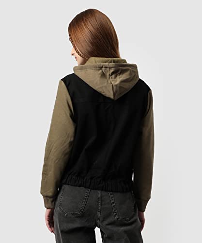 Image of Campus Sutra Women's Black & Olive Green Regular Fit Denim Jacket For Winter Wear | Collared Neck | Full Sleeve | Buttoned | Casual Jacket For Woman & Girl | Western Stylish Jacket For Women