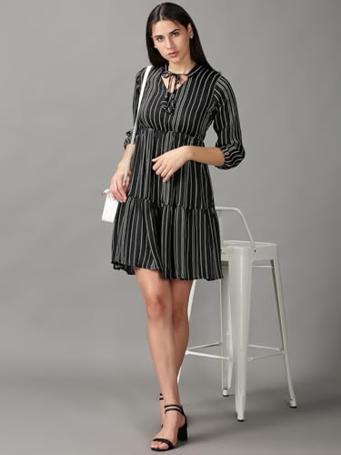 Image of SHOWOFFFF Women Stripe Print Fit and Flare Casual Dress | Round Neck 3 /4th Sleeves Satin Dress for Womens | Above Knee Dress for Women's