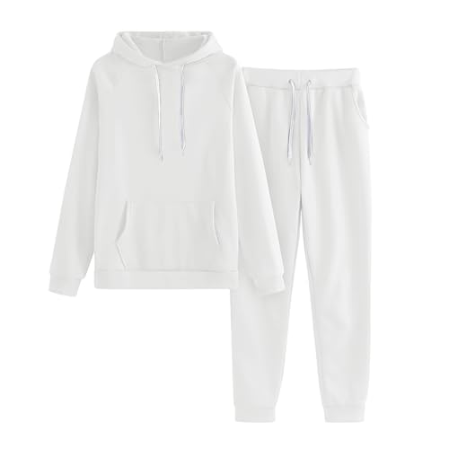 cfpqv Sudadera con capucha de color sólido para mujer y pantalón de chándal chándal traje deportivo leggings punto mujer, Blanco, XXL