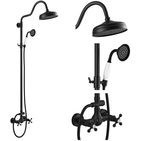 gotonovo Luxury Exposed Shower Faucet Set Bathroom Shower System 8 Inch Wall Mount Rainfall Shower Head with Handheld Spray Cross Double Handle Shower Fixture Adjustable Arc Rod Matte Black Cover