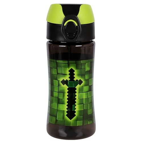 PIXEL WASSERFLASCHE mit Mundstück FÜR Spieler GAMER, SCHULFLASCHE AUS TRITAN für Jungen 450ml (Schwarz Pixel)