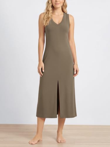 Image of ODODOS Modal Soft Front Split Midi Dress for Women, V Neck Sleeveless Casual Summer Tank Dress
