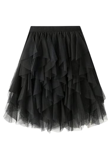 SOLY HUX Women's Tulle Skirt Elastic High Waisted Asymmetrical Layered Ruffle Mesh Fairy Short Skirts Pure Black Large