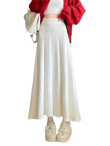 Women Vintage Elegant A-Line Skirt Fall Winter Classic Long High Waisted Knit Skirt Beige L