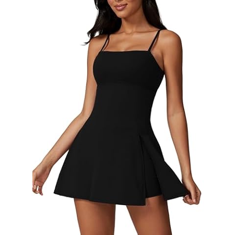ABOCIW Womens Square Neck Tennis Dress with Shorts Spaghetti Strap Backless Workout Side Slit Athletic Golf Dresses Black Small Cover