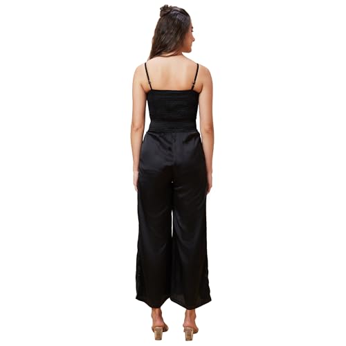 Image of Globus Women Blue Solid Smocked Strappy Party Jumpsuit-3639654001