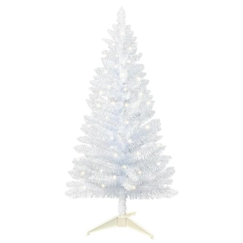 3.5ft Lighted Artificial White Christmas Tree | Leeheeyee Small Christmas Tree, Not Pre-lit White Tinsel Pine Trees with Lights, Ideal for Home, Office, and Xmas Tree Party Décor