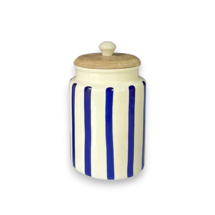 Image of Airtight Ceramic Jars (Pack of 2) - 900ml Each - Wooden Lid - Kitchen Containers for Sugar, Tea, Salt, Pickles, Pulses & More (Blue Lines)