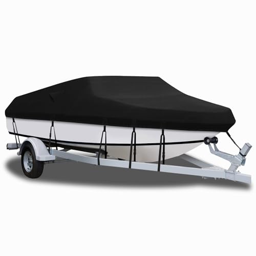 YMPPMKN Bootspersenning Bootsabdeckung Schwerlast 900D Oxford Gewebe, Wasserdicht, Winddicht, UV-Beständiges Bootsabdeckung Persenning für V-Rumpf, Ruderboot, Angelboot,Bass Boat -Black (20-22ft)