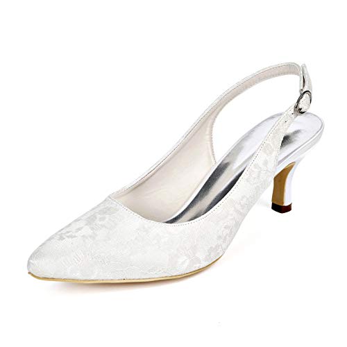 MGEM Womens Ladies Slingback High Heels Pointed Toe Toe Lace Satin Low-Heeled Pumps Ankle Strap Wedding Bride Court Shoes
