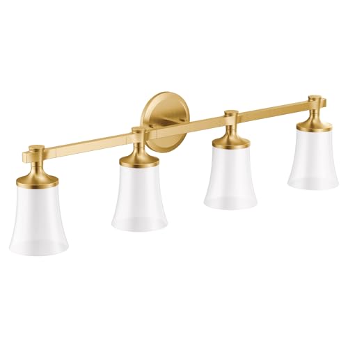 Image of Moen YB0364BG Flara 4-Light Dual-Mount Bath Bathroom Vanity Light Fixture with Frosted Glass, Brushed Gold