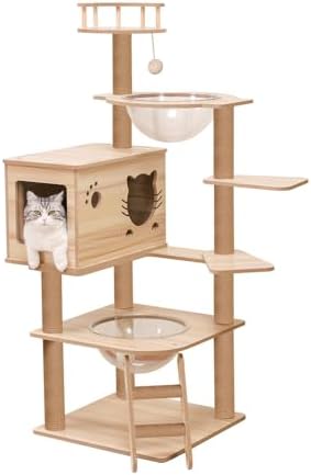 （16:00時点） PETTIFUL キャットタワー 木製 大型猫 据え置き 省スペース スリム 猫タワー 滑り止めマット付き 宇宙船2個 中型 シニア猫 キャットツリー おしゃれ クリアボウル 隠れ家 ボックス 猫ハウス 爪とぎポール 多頭飼い 安定 高さ133cm 運動不足解消 麻紐 サイザル麻 スクラッチ コットン紐巻き 木目 猫ベッド 展望台 見晴台 インテリア性 頑丈 上下しやすい ストレス発散 成猫 子猫