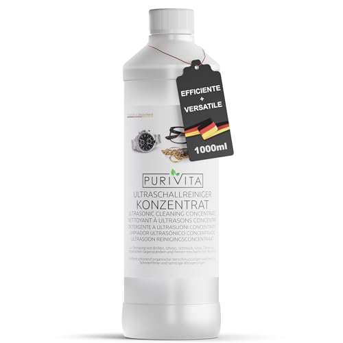 PURIVITA® Detergente per Pulizia Ultrasuoni [1L] - Concentrato Pulitore Ultrasuoni per Occhiali, Gioielli & Protesi Dentali - Pulitrice Ultrasuoni - Ultrasonic Cleaner - Dispositivi ad Ultrasuoni
