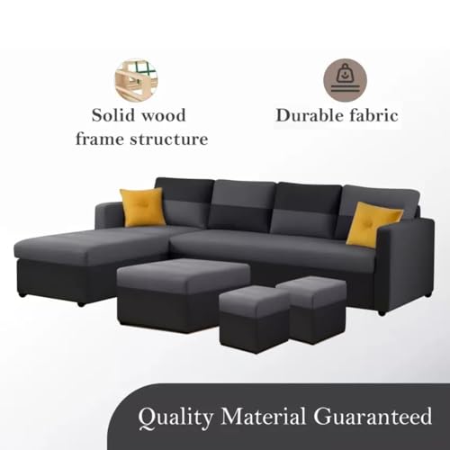 Image of FURNY Arno 8 Seater Fabric Sectional LHS L Shape Sofa Set with 1 Centre Table & 2 Ottomans (Dark Grey-Black)