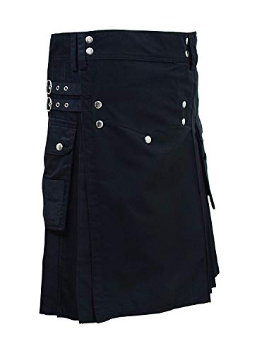 Men's Black Fashion Sport Utility Kilt Deluxe Kilt Adjustable Sizes Pocket Kilt (44