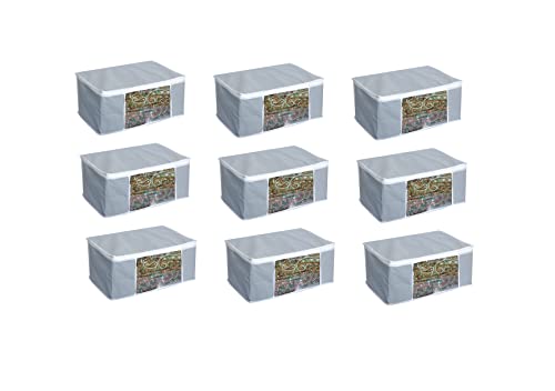 Image of Kitchenwell Simple 9 Piece Non Woven Fabric Clothes Organizer /Saree Cover For Wardrobe Set with Transparent Window, Extra Large,(Grey)