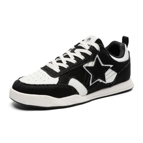 Men Women Retro Denim Star Patch Skate Sneakers, Mixed Material Spliced Casual Walking Shoes with Rubber Outsole (Black and White, Adult, Women, 7.5, Numeric, US Footwear Size System, Medium)