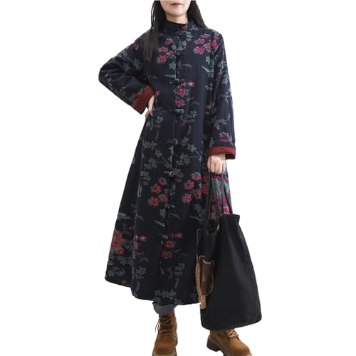 LZJN Women Trench Coat Floral Print Long Jacket with Pockets (US, Alpha, One Size, Regular, Regular, Deep Blue)