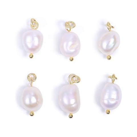 Wholesale 6 PCS White Baroque Pearl Charms Small Freshwater Pearls Pendant Bulk for Jewellery Making, 14K Gold Plated (14k Gold Small) Cover
