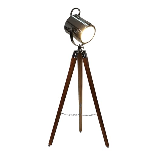 Image of Industrial Tripod Floor Lamp with Adjustable Spotlight | Vintage Wooden Stand Studio Light for Living Room & Office Decor | Height 94cm | Black & Brown Finish (Belfast Teak)