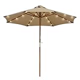 LAGarden Boho 32 LED 9Ft Wood Market Patio Umbrella with Solar Lights 8 Rib Outdoor Bar Hotel Alfresco Dining Rooftop Restauran Beachfront Resort Poolside Commercial Table Parasol Mocha