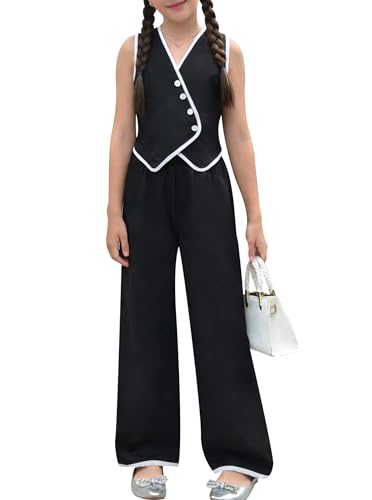 Ecolala Girls 2 Piece Outfits Elegant V Neck Sleeveless Button Up Vest and Wide Leg Pant Suit Black 13-14 Years
