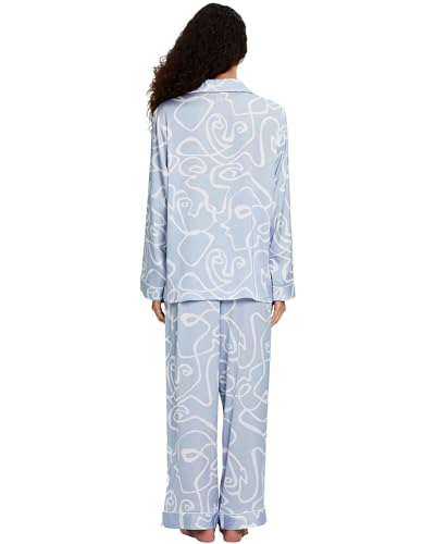 Image of YiNi LuLu Womens Silk Satin Pajamas Set Button Down 2 Piece Pjs Long Sleeve Oversized Sleepwear with Pockets